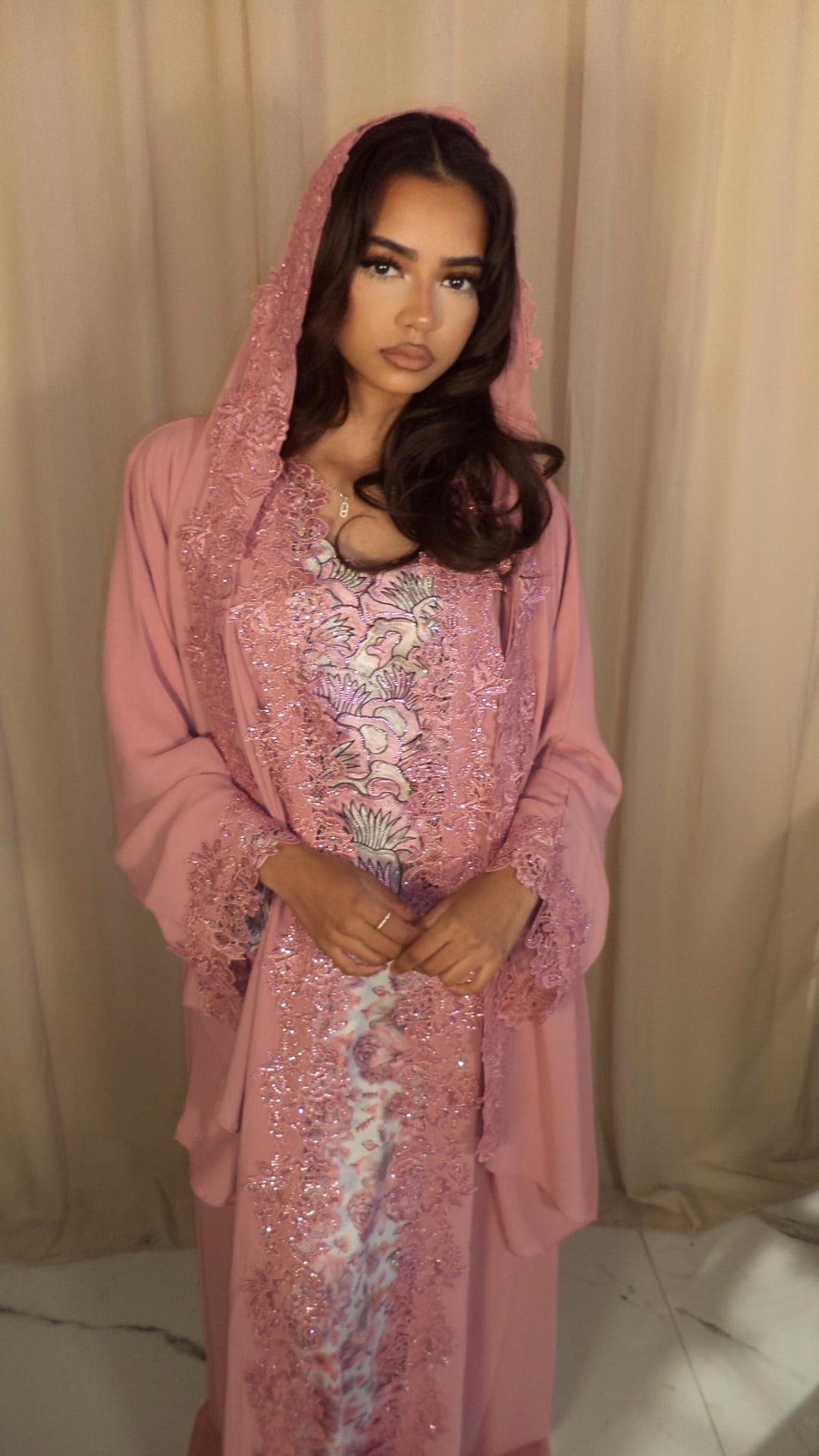 Barbie Pink Double Chiffon Abaya & Lace Hijab