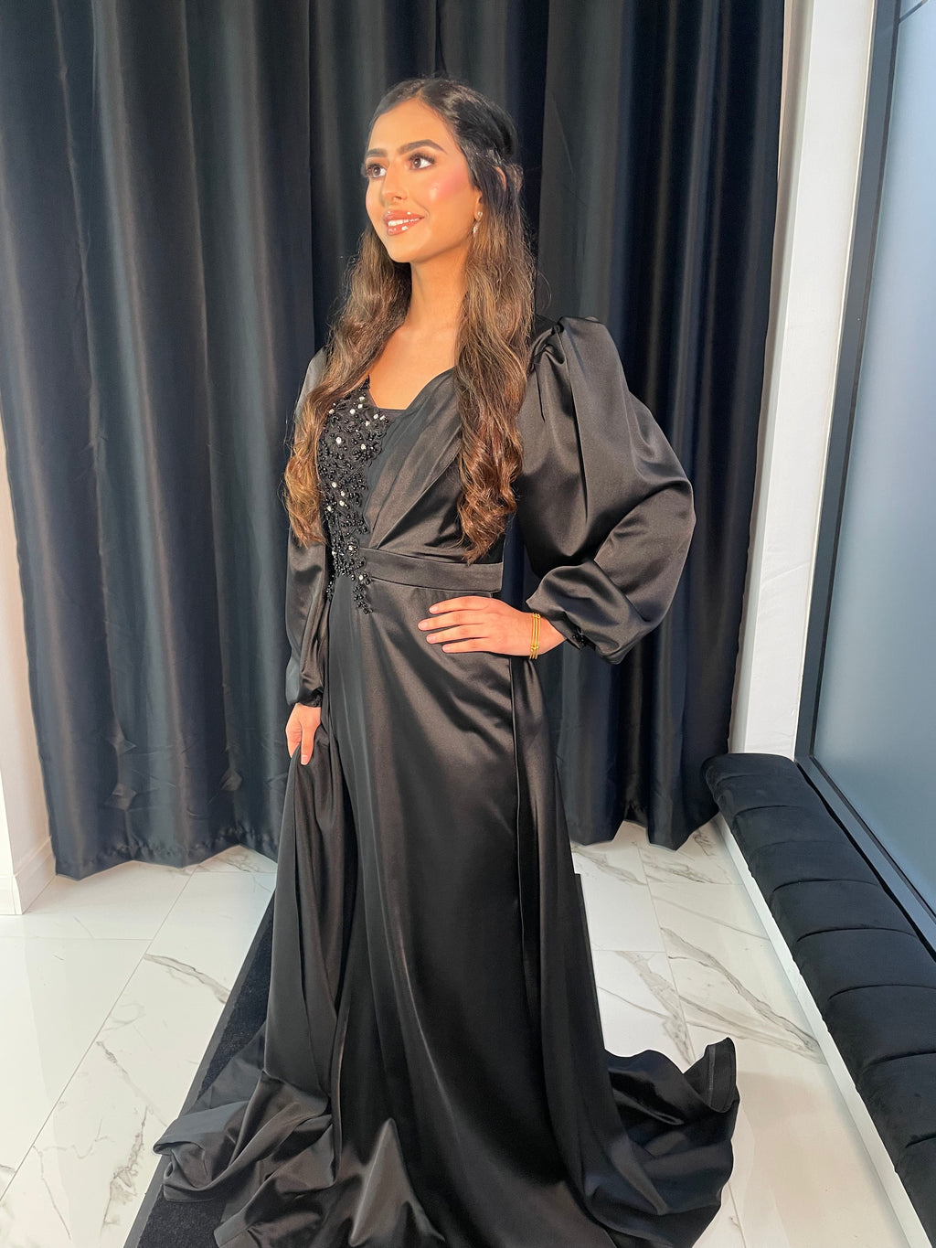 Long sleeve satin dress with overskirt