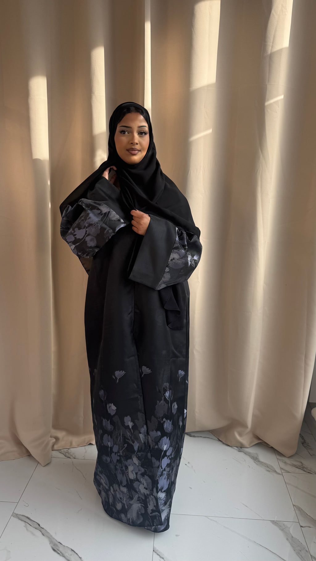 Floral Satin Abaya & Scarf