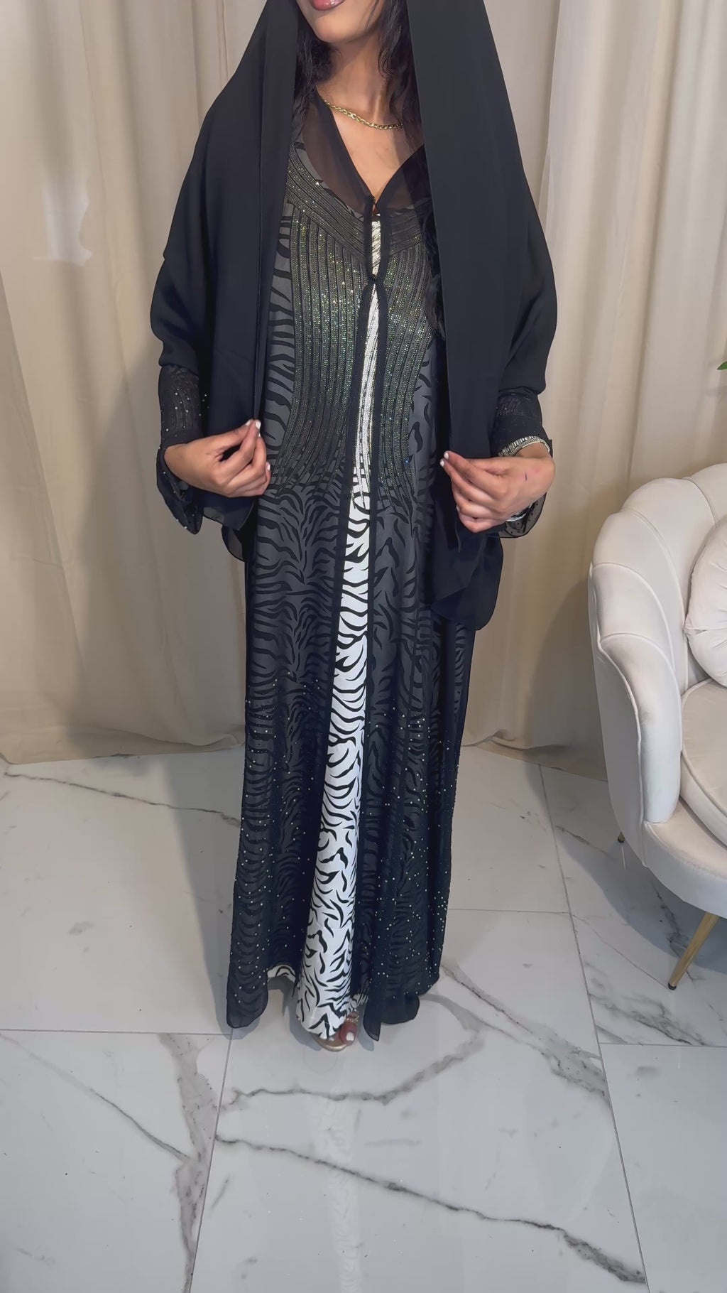 Pearls and Diamontes Single Chiffon Abaya & Scarf