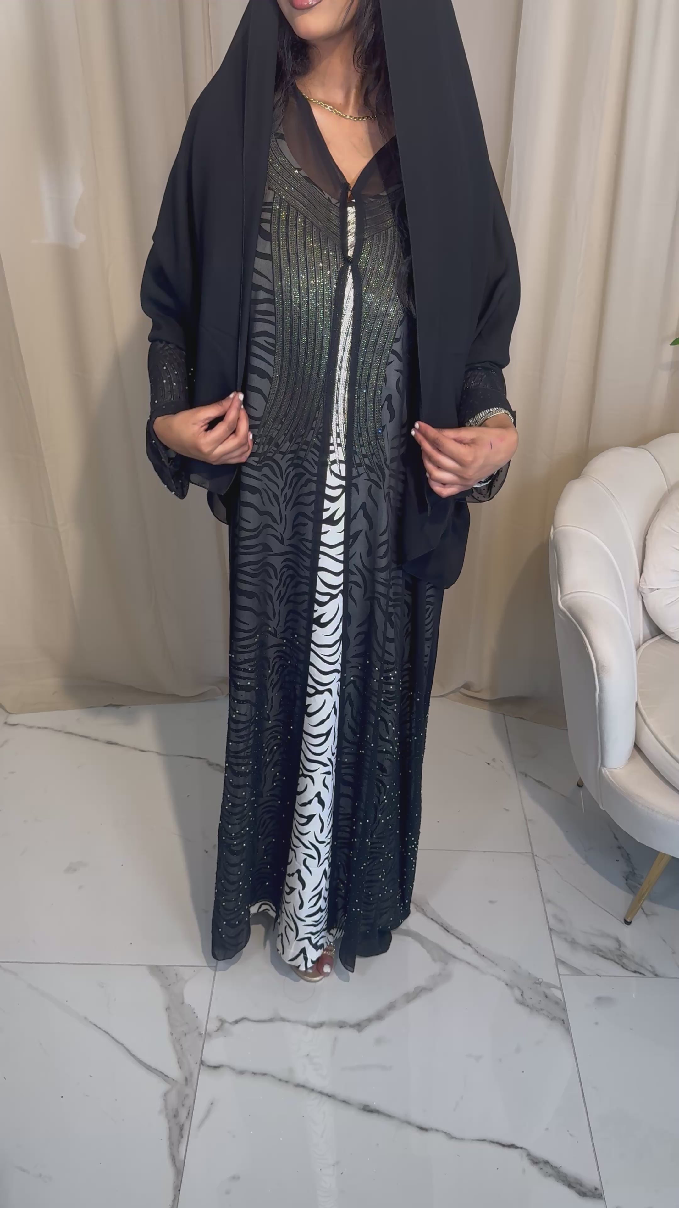 Pearls and Diamontes Single Chiffon Abaya & Scarf